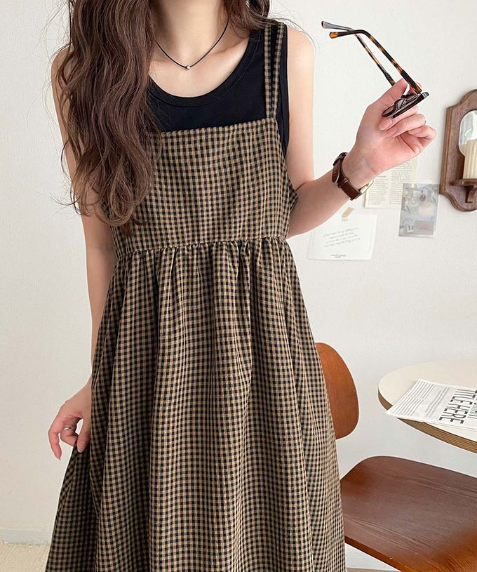 日本 Classical Elf - 成熟可愛感後綁帶吊帶洋裝-格子-咖啡