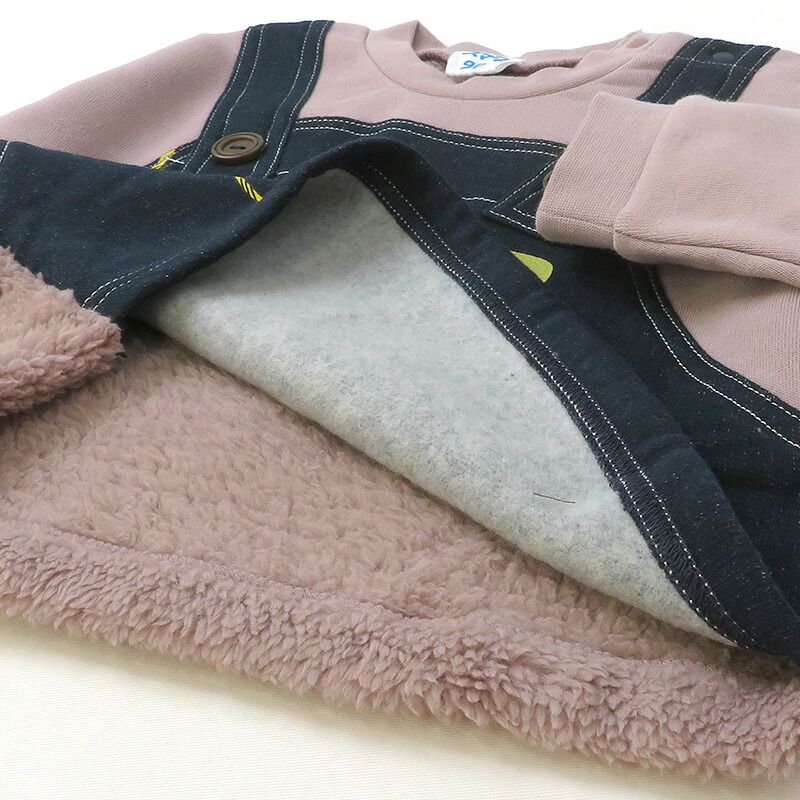 日本 ZOOLAND - 藍色小精靈聯名 保暖長袖上衣-牛仔吊帶塗鴉-奶油杏