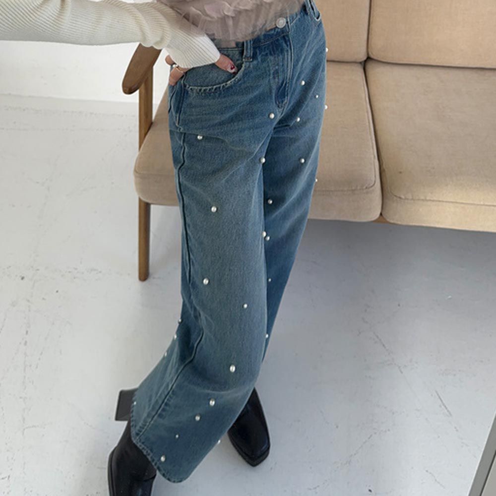 日本 GRL - 珍珠裝飾刷白高腰丹寧褲-牛仔藍