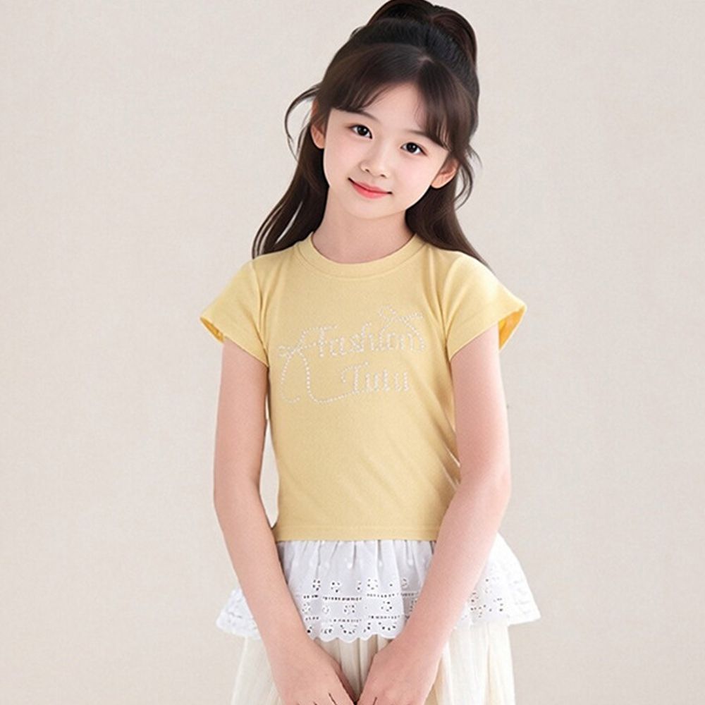 甜美貼鑽蕾絲拼接短袖上衣-黃色