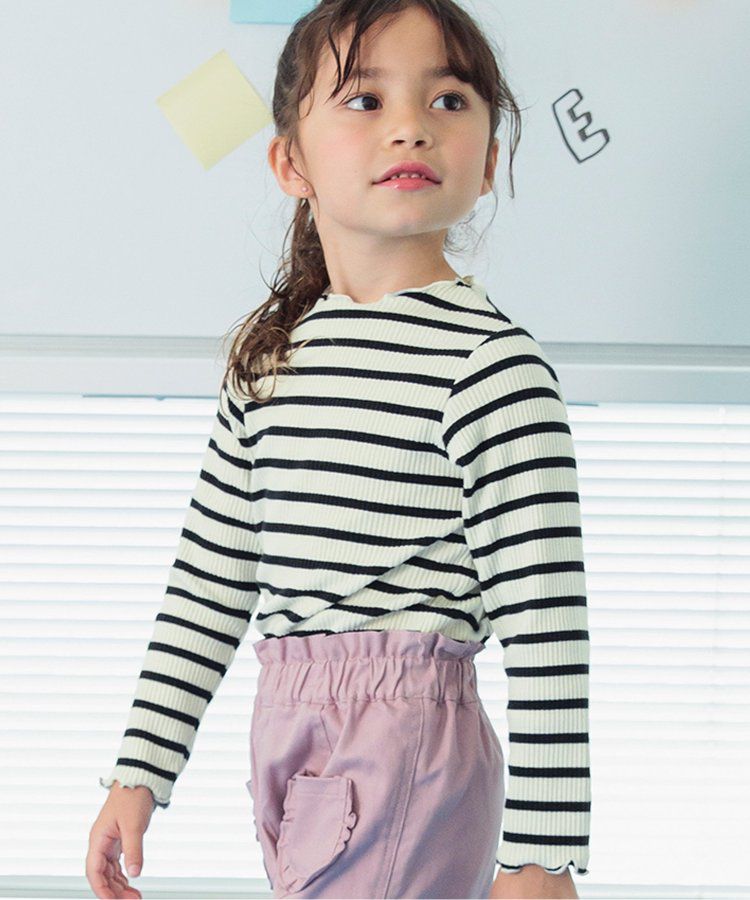 日本 BREEZE - 羅紋捲邊百搭薄長袖上衣-墨綠條紋