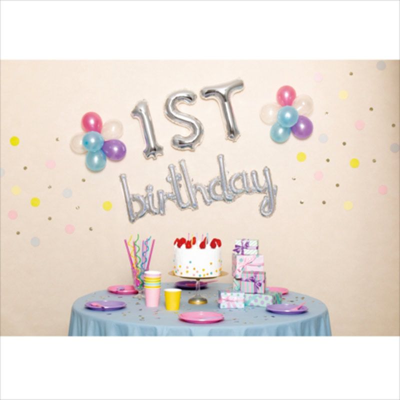 akachan honpo - 牆面佈置用氣球-1歲生日-橡膠氣球12個・氣球固定器具2個・鋁箔氣球4個・吹氣用吸管1枝・做造型用繩子1條