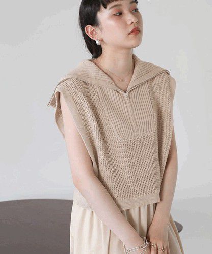 日本 Bou Jeloud - 拉鍊翻領針織背心-黑