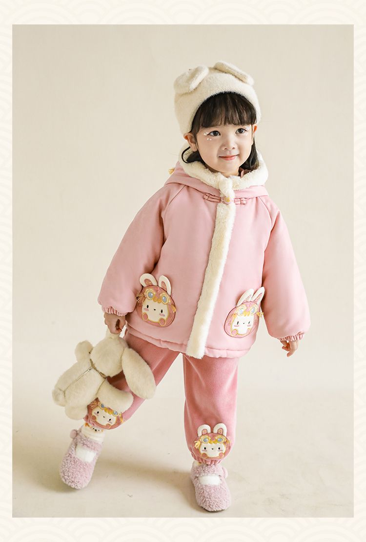 TONGMO - 加絨腰鬆緊休閒拜年長褲-兔子-米色