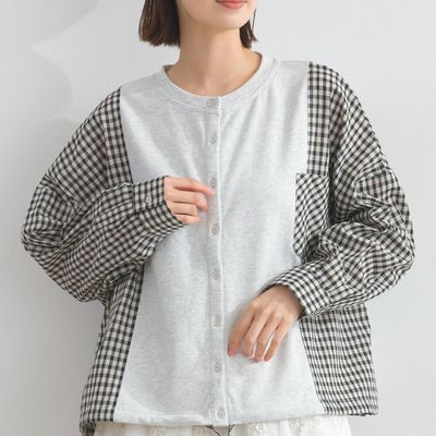 日本 Lupilien - 可愛格子拼接裏毛休閒襯衫-黑白