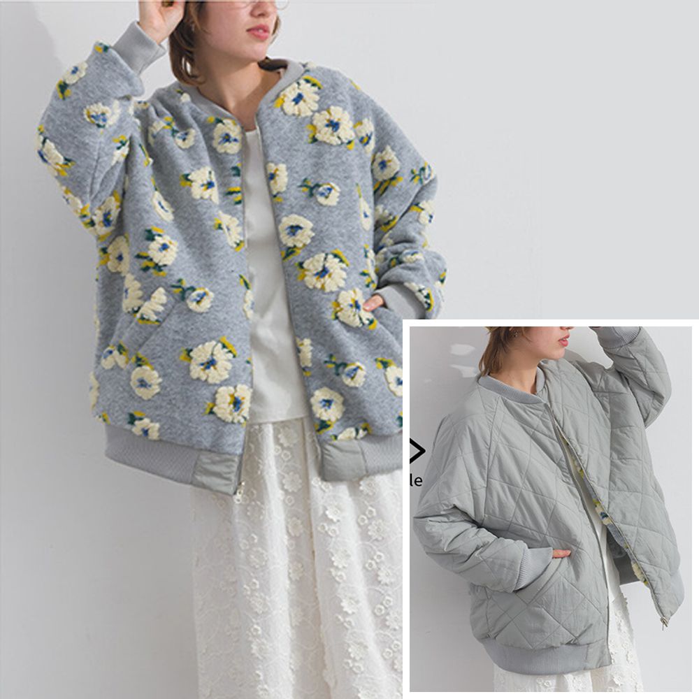 [人氣款]鮮明印象毛絨雙面保暖夾克外套-花朵-灰