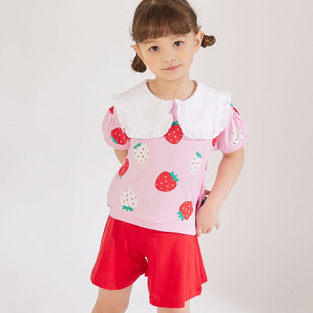 韓國 OZKIZ - 荷葉白領草莓套裝