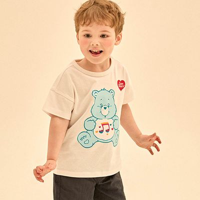 韓國 Care Bears - 聯名款萌萌大熊純棉短袖上衣-音符藍熊-白