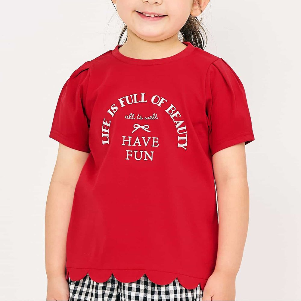 接觸涼感 貝殼下擺短袖上衣-英文字-紅