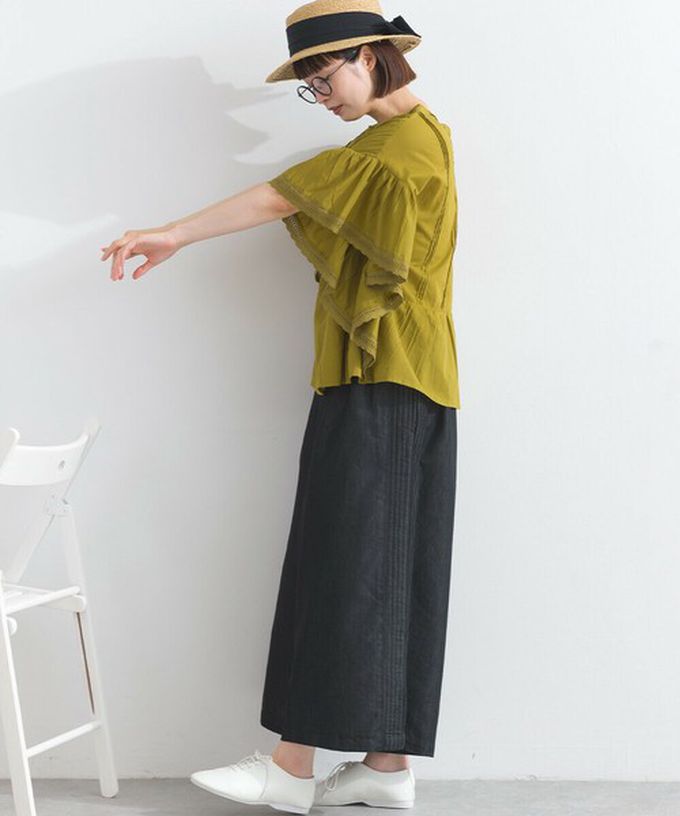 日本 Lupilien - 100%印度棉 細緻緹花大寬袖上衣-芥末黃