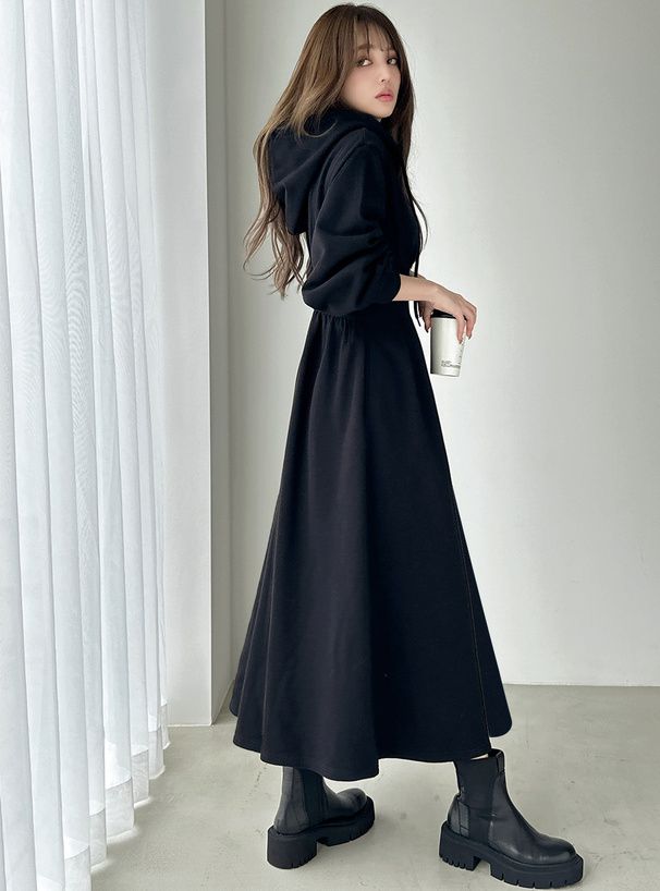 日本 GRL - 休閒感收腰連帽長袖洋裝-黑 (F)