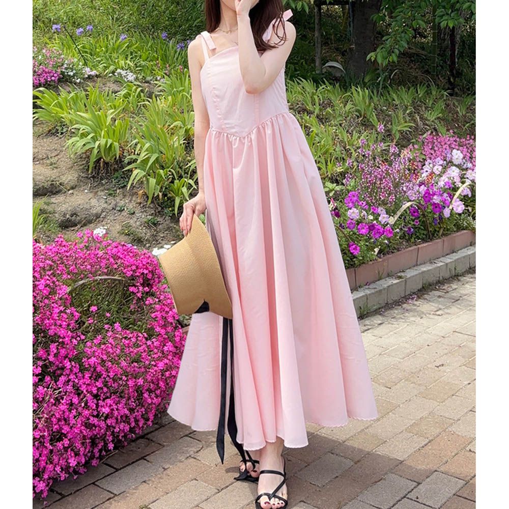肩綁帶高腰甜美細肩帶洋裝-粉紅