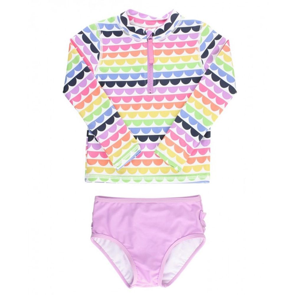 美國 RuffleButts - 小女童UPF 50+防曬兩件式長袖泳裝-七彩貝殼