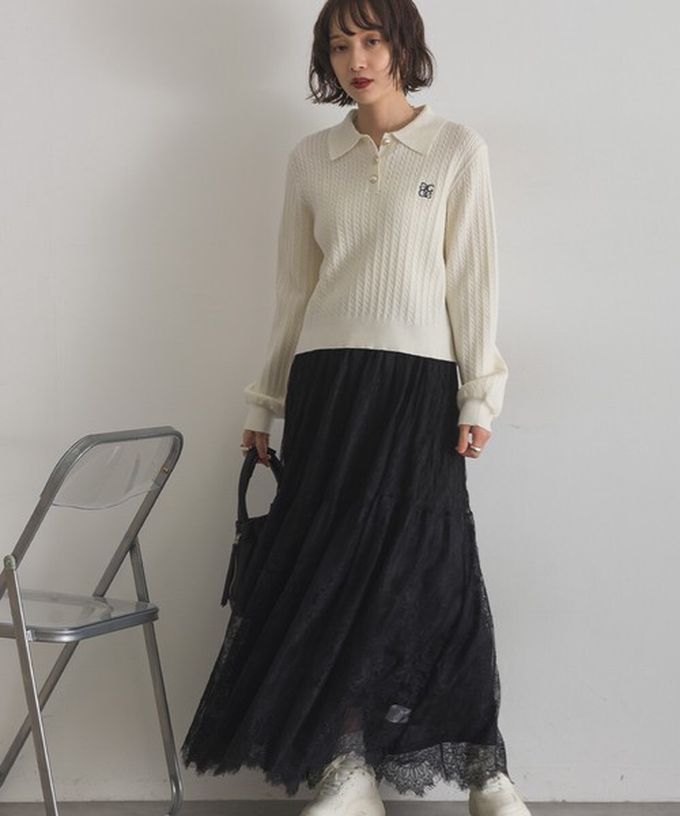 日本 ELENCARE DUE - 奢華睫毛蕾絲飄逸長裙(2件式)-白