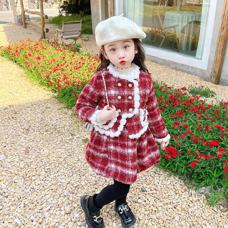 小香風綿綿雲朵連身裙套裝-背心裙+長袖外套-紅色