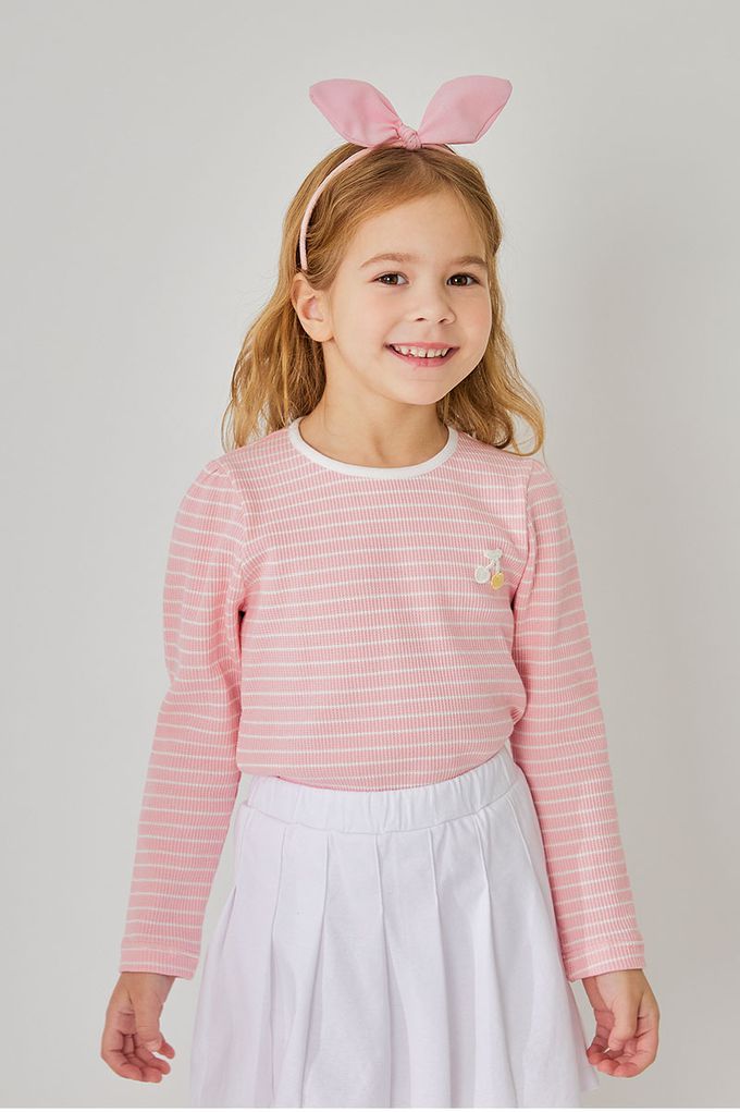 韓國 OZKIZ - 櫻桃點綴條紋長袖上衣-粉X白