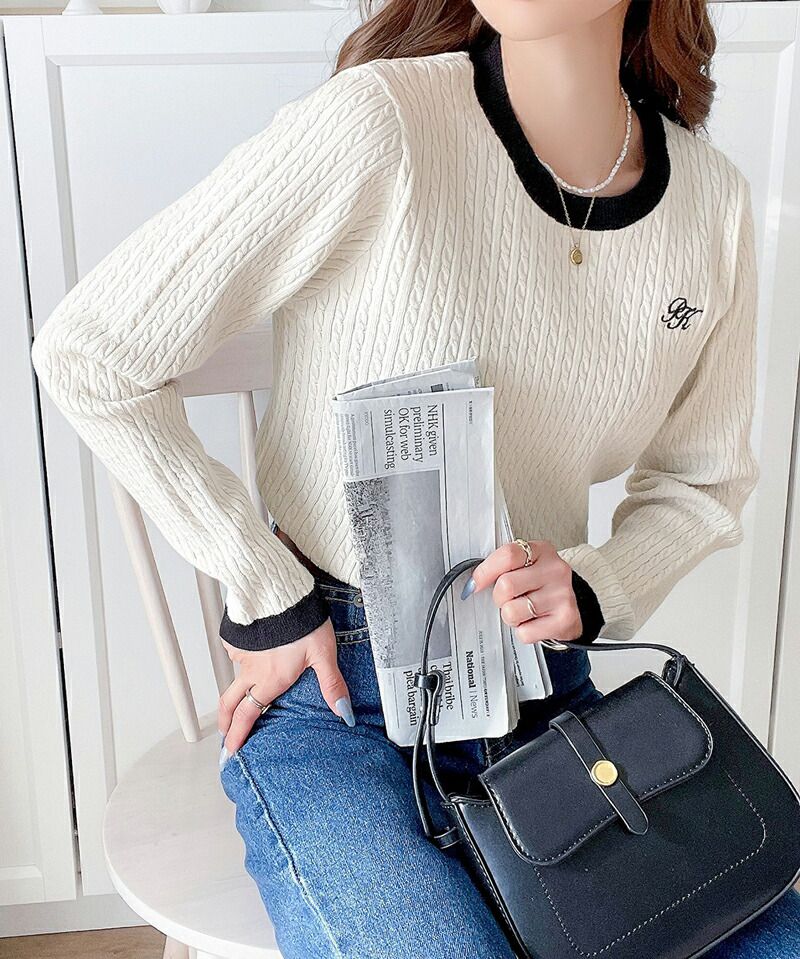 日本 Classical Elf - 學院風logo編花針織長袖上衣-米白x黑邊