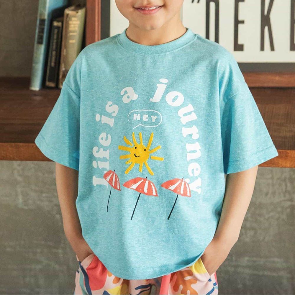 夏日字母印花短袖上衣-度假太陽-藍綠