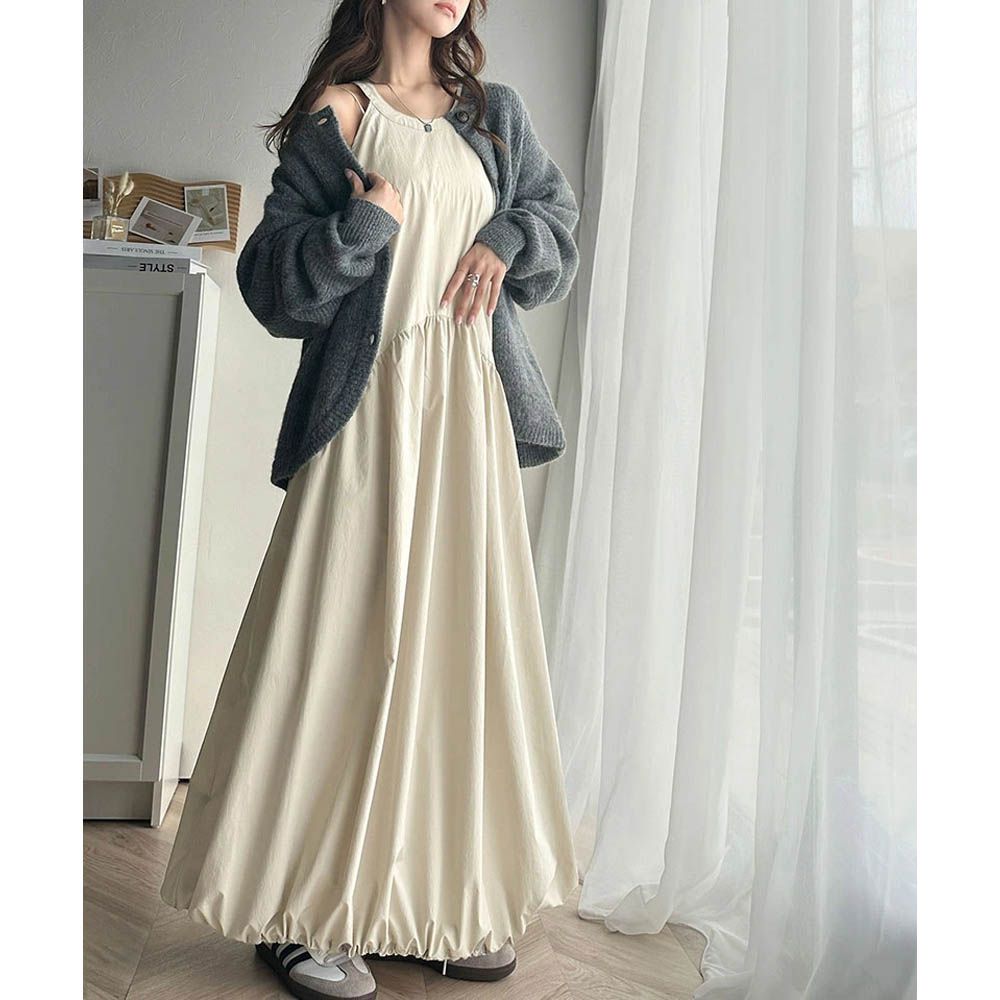 簡約領氣球裙擺無袖洋裝-米杏