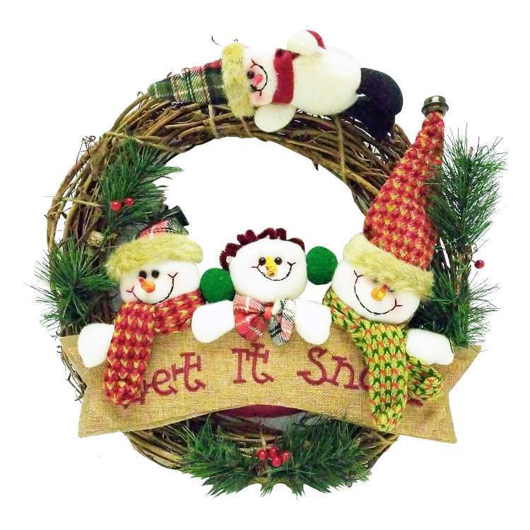 MODACore 摩達客 - 耶誕-13吋聖誕雪人家族麻布樹藤花圈(輕巧免組裝)佈置聖誕禮物