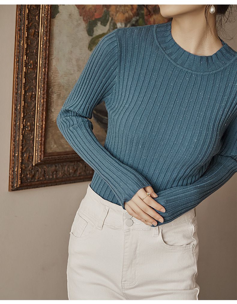優雅百搭坑條修身針織上衣-藍色