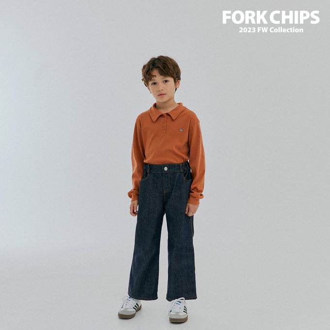 韓國 FORK CHIPS - 金屬裝飾直坑條翻領長袖上衣-磚紅
