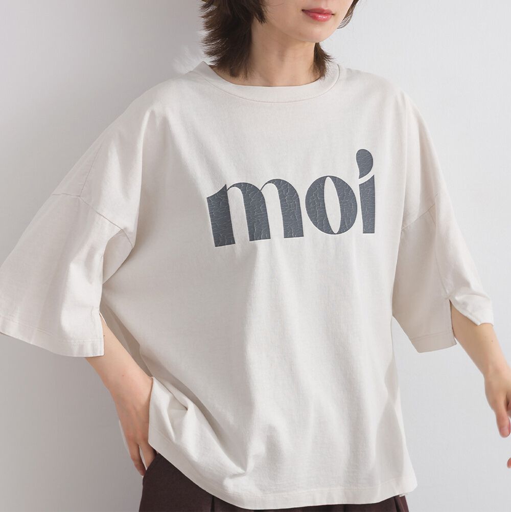 純棉復古刷色簡約落肩五分袖上衣-象牙白