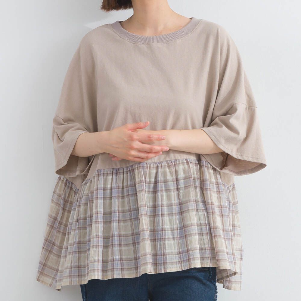 接觸涼感 可愛格紋休閒五分袖上衣-灰棕