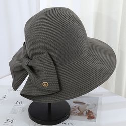 可折疊大帽沿防曬草帽-後開衩蝴蝶結-鐵灰色 (56-58cm)