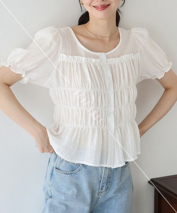 日本 BLUE EAST - 顯瘦皺摺荷葉泡泡短袖上衣-白