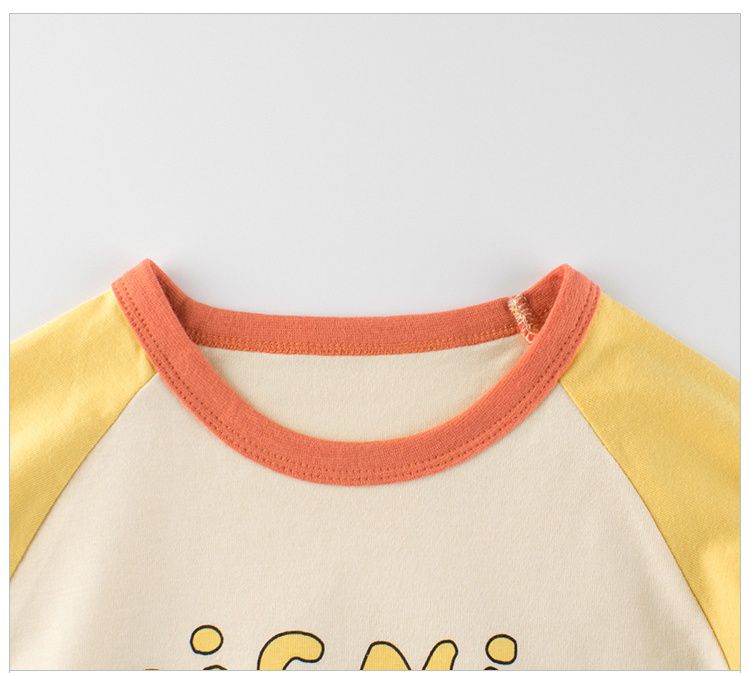 純棉圓領薄長袖上衣-動物好朋友-杏+黃