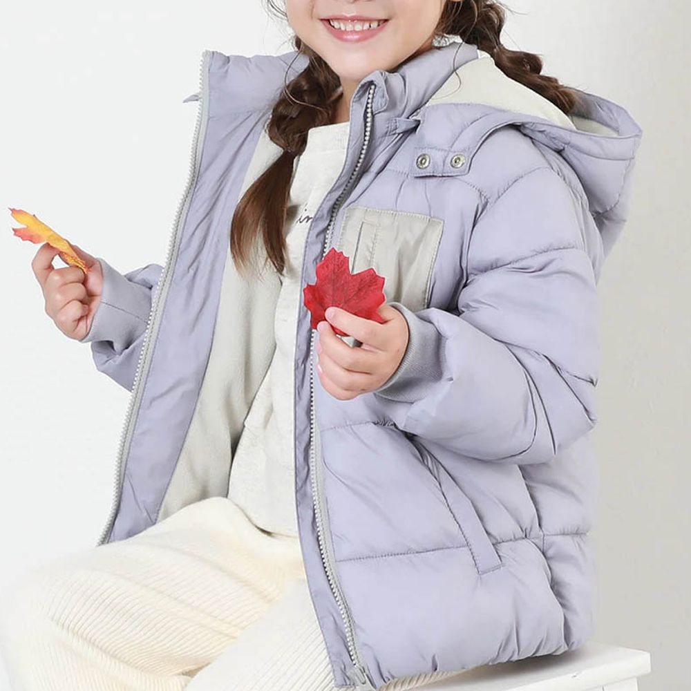 輕暖防風配色科技羽絨外套(帽可拆)-淺紫白