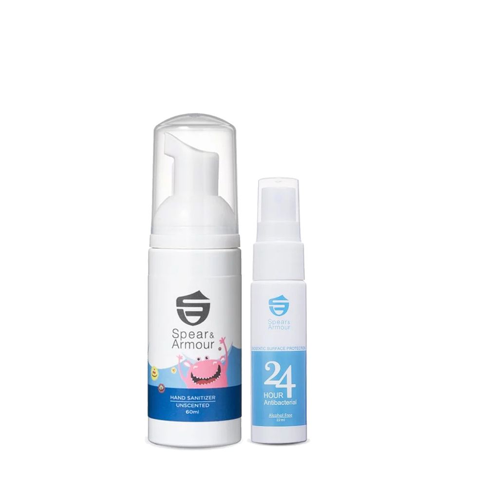 美國Spear&Armour思必兒 - 抗菌防護兩入組-24小時表面防護噴劑 22ml+長效乾洗手慕斯怪獸版-無味 60ml