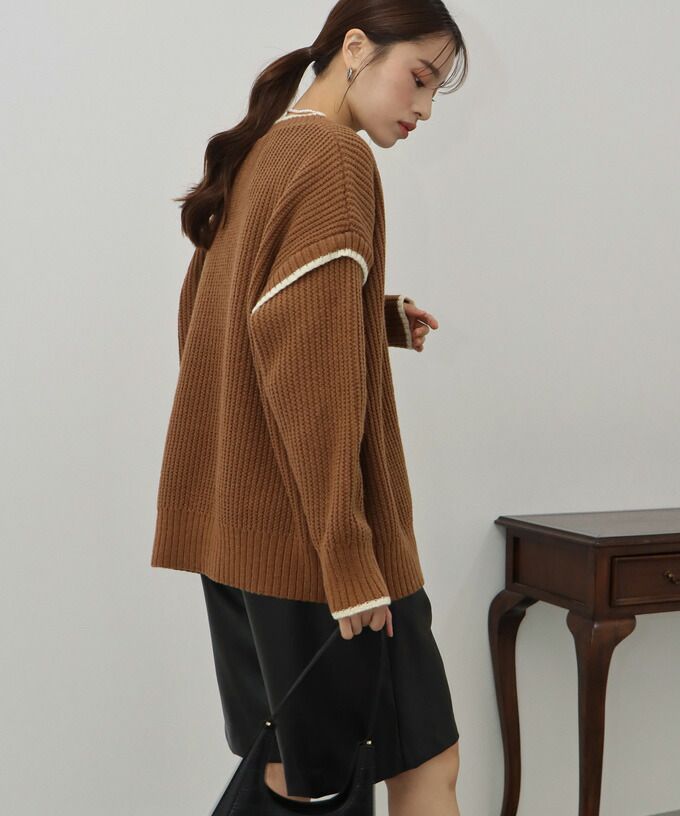 日本 BLUE EAST - 撞色滾邊落肩針織毛衣-米白