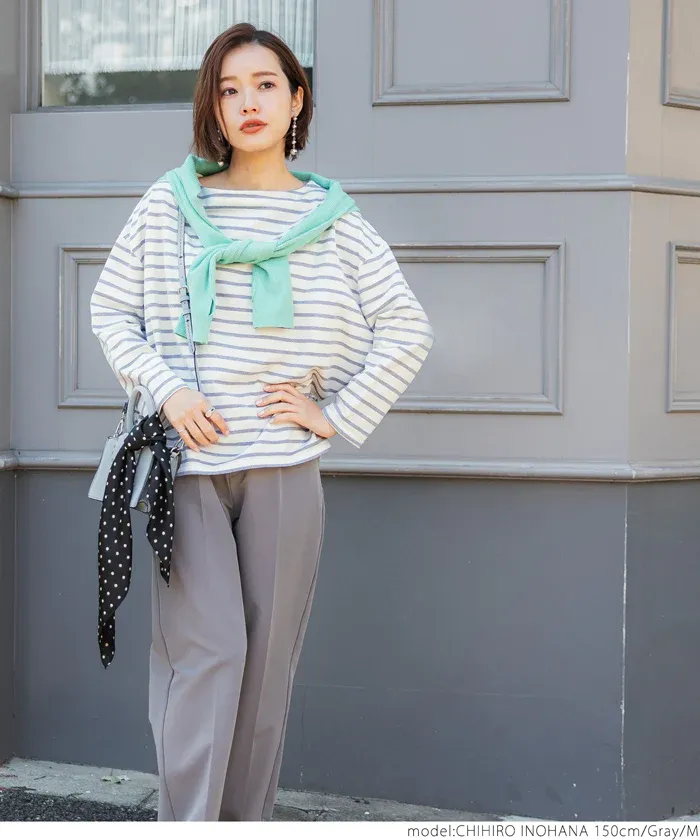 日本 COCA - [熱銷推薦] 百搭船領薄長袖上衣-條紋-灰x白