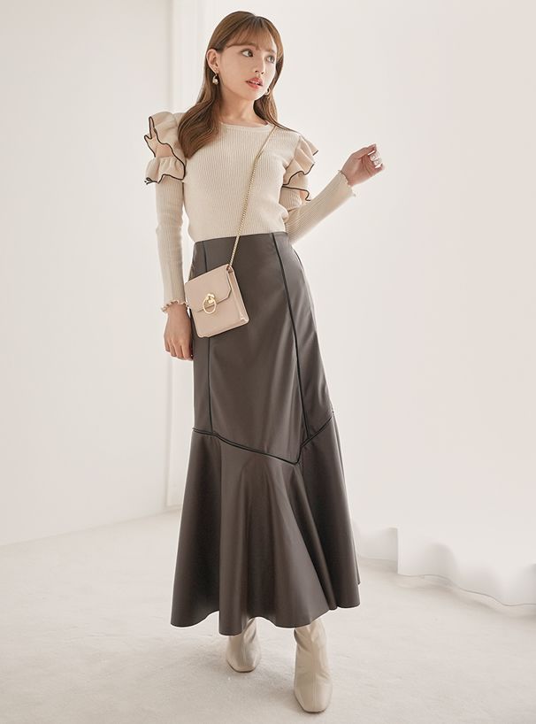 日本 GRL - 雙層荷葉挖肩羅紋長袖上衣-杏