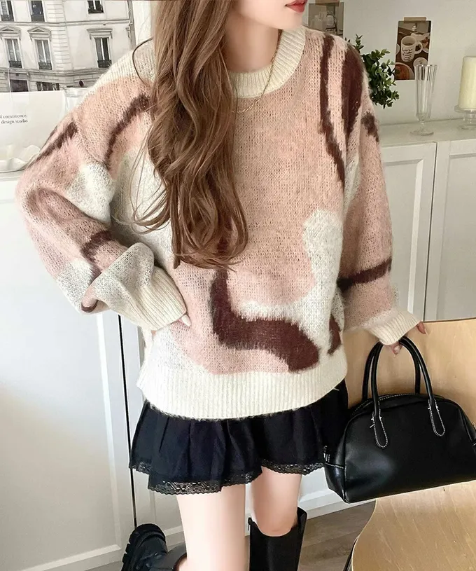 日本 Classical Elf - 歐風毛絨感波浪印花毛衣-淺灰x水藍