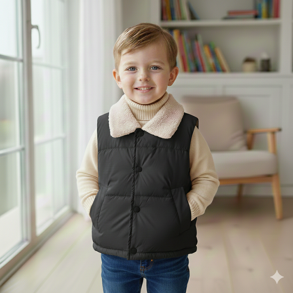 加絨翻領鋪棉暖暖背心-黑色