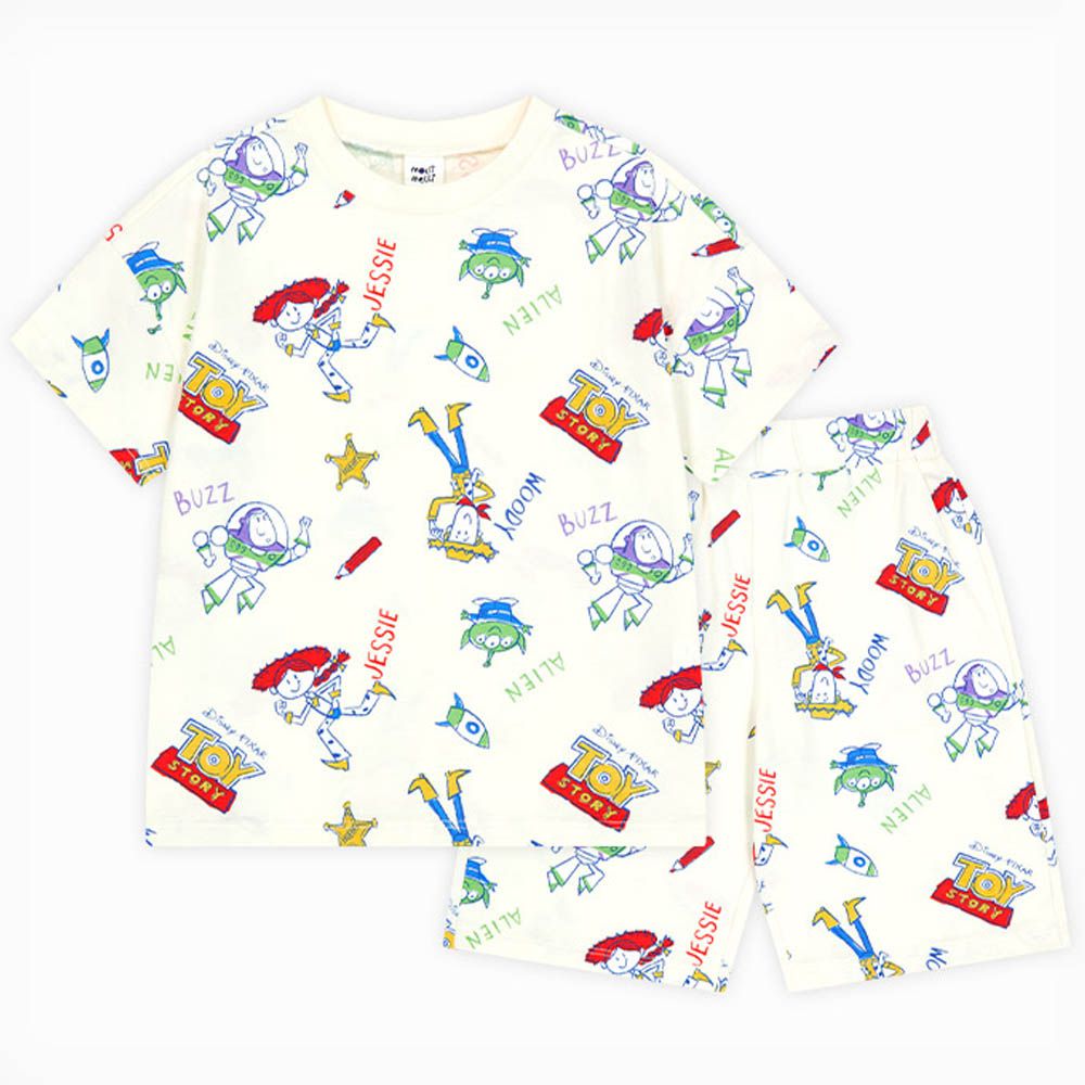 (聯名款)卡通玩具總動員手繪風短袖套裝-米白