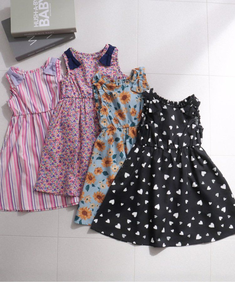 日本 apres les cours - 肩蝴蝶結浪漫印花無袖A字洋裝-向日葵-水藍