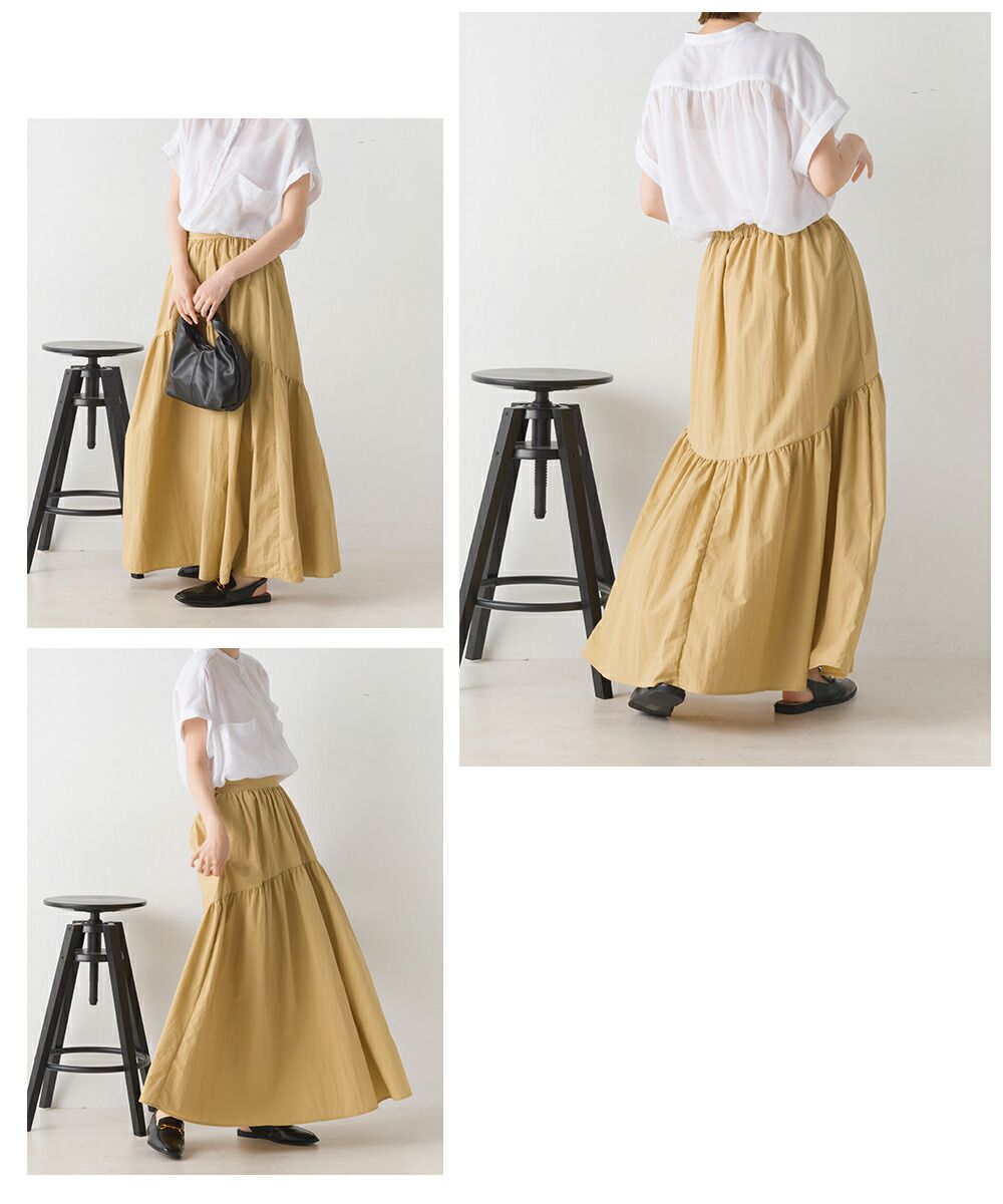 日本 OMNES - 不規則抓皺顯瘦修身長裙-卡其