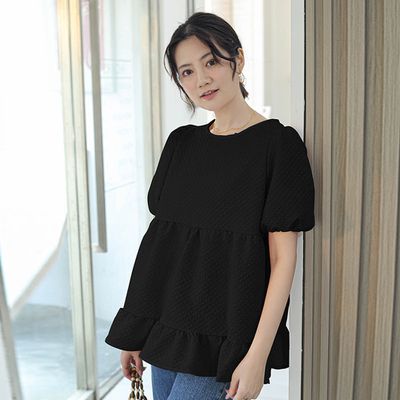 Yukié - 甜美減齡荷葉邊泡泡袖上衣-黑色