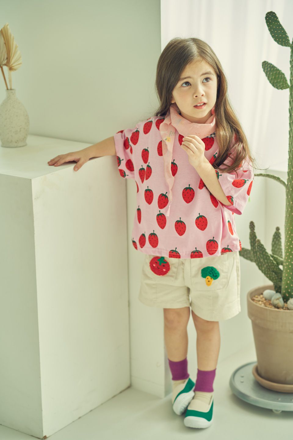 韓國 Mimico - 蔬果家族牛仔短褲-杏