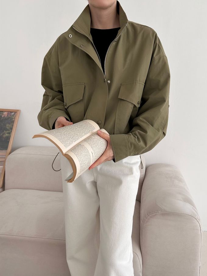 韓國女裝連線 - 秋季必備！短版風衣外套-軍綠 (FREE)