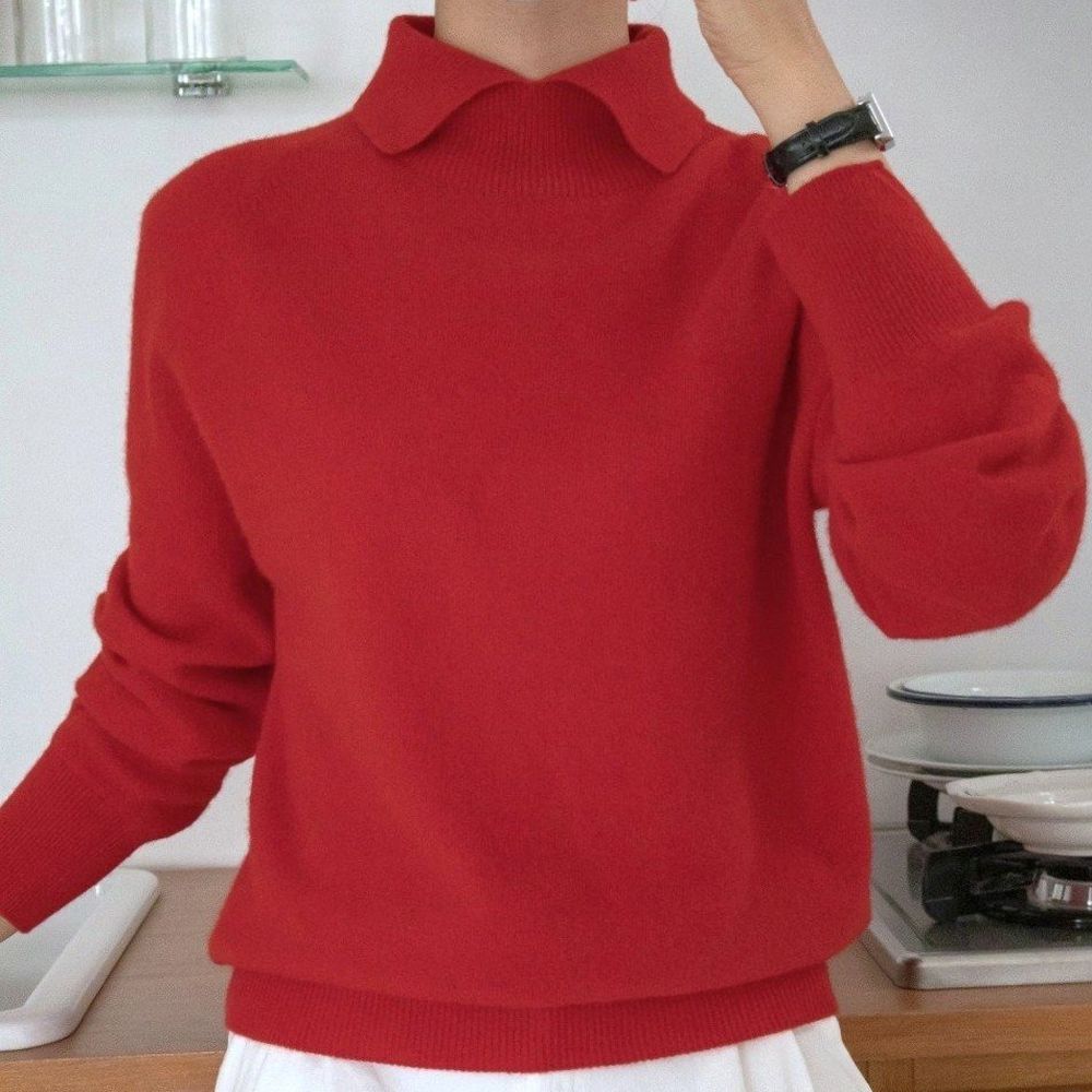 喀什米爾超細羊毛無縫翻領長袖針織上衣-紅 (FREE)