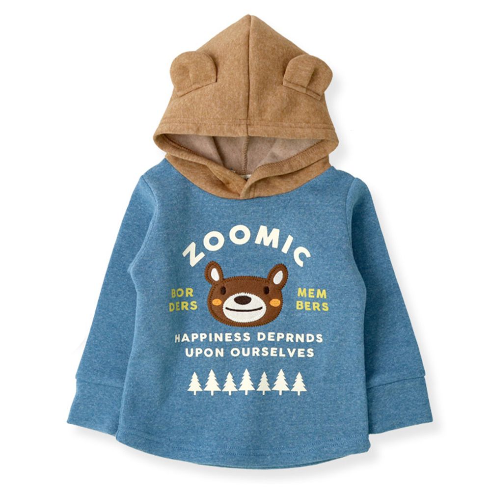 日本 ZOOLAND - 動物耳朵造型裏起毛長袖帽T-小熊-藍