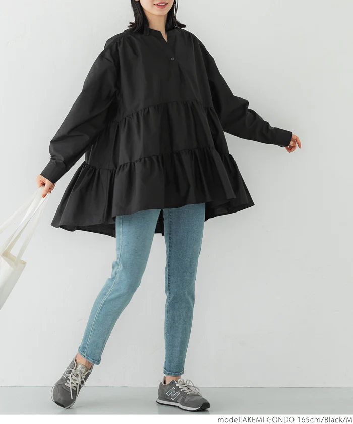 日本 COCA - 氣質蛋糕層次長袖上衣-經典黑