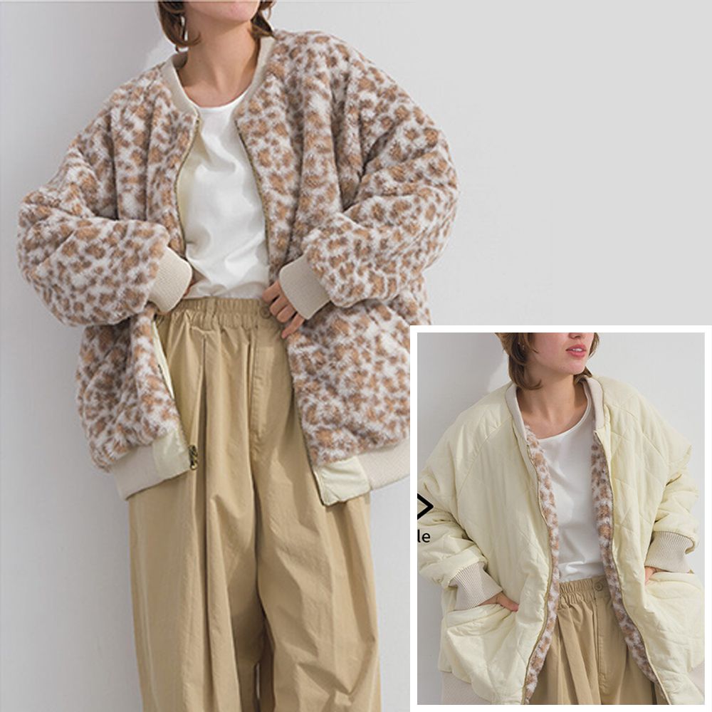 [人氣款]鮮明印象毛絨雙面保暖夾克外套-豹紋-象牙