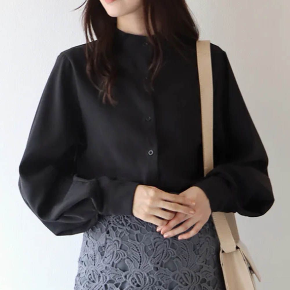知性小立領澎澎氣球袖襯衫-黑