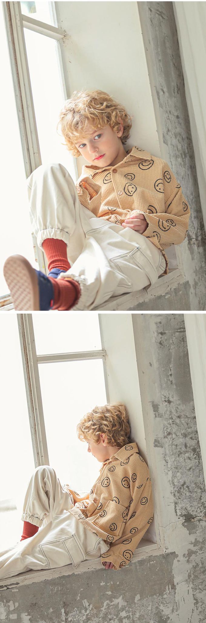 韓國 OZKIZ - 圓形笑臉印燈芯絨翻領長袖襯衫-卡其